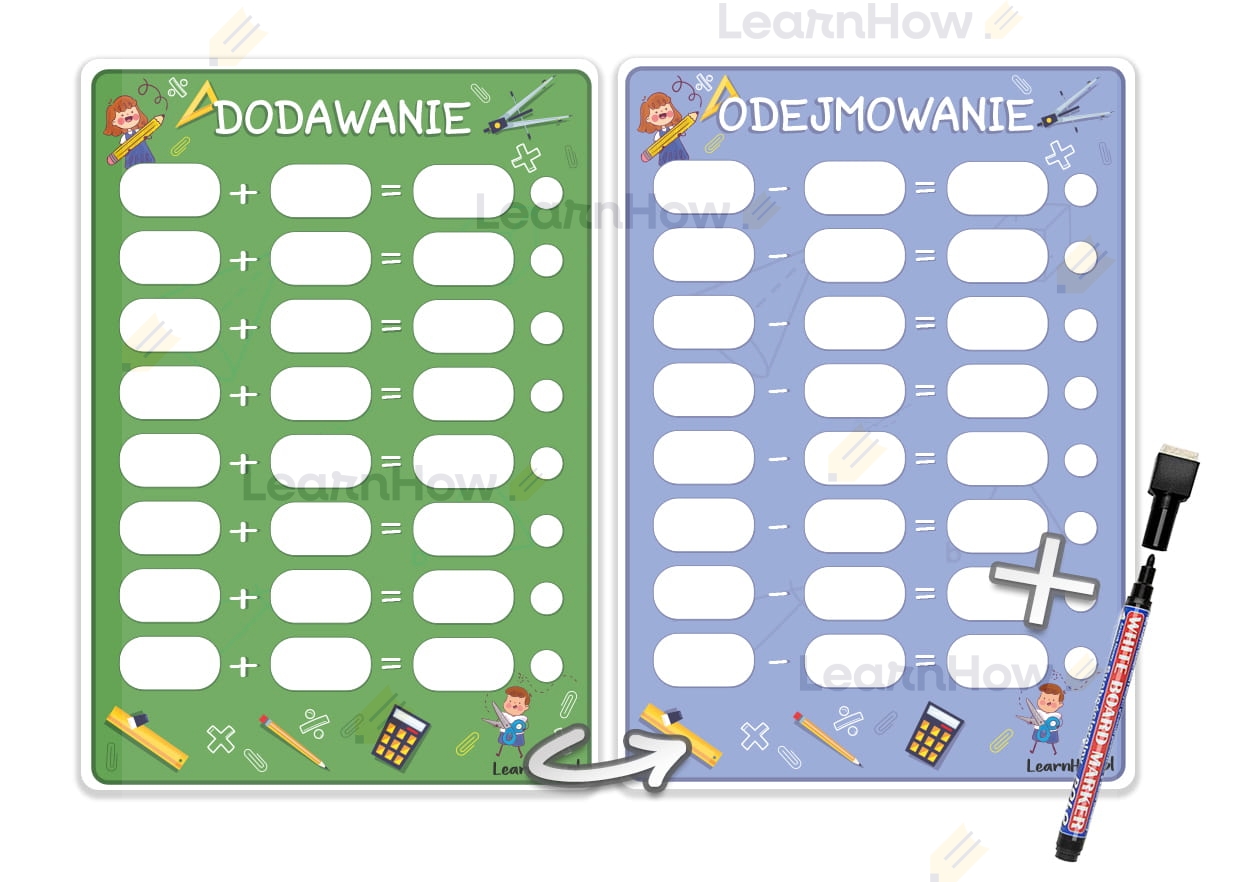 KARTA PRACY PISZ I ZMAZUJ - DODAWANIE/ODEJMOWANIE + PISAK LearnHow