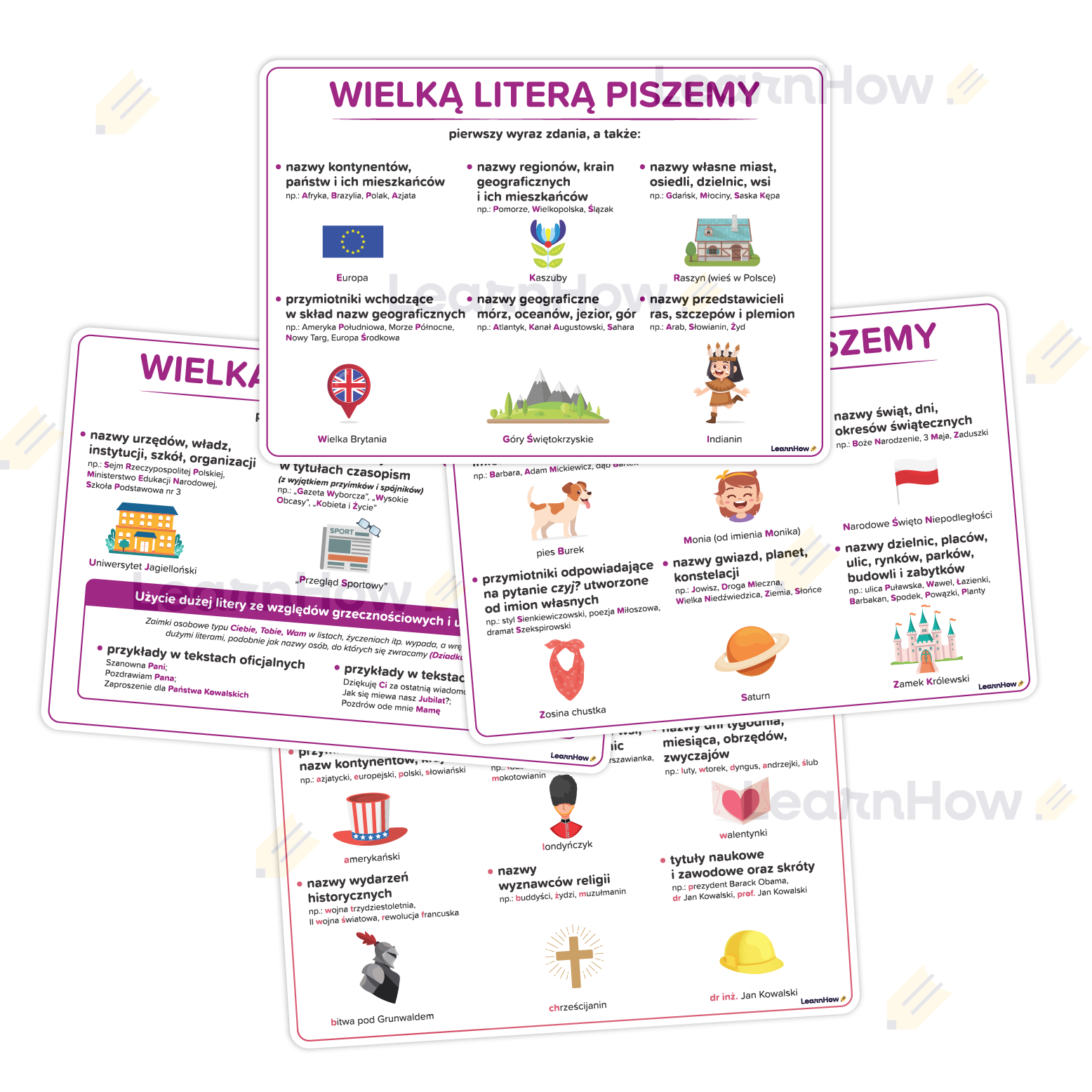 PLANSZE EDUKACYJNE - ZASADY PISOWNI WIELKĄ I MAŁĄ LITERĄ (zestaw 4 kart