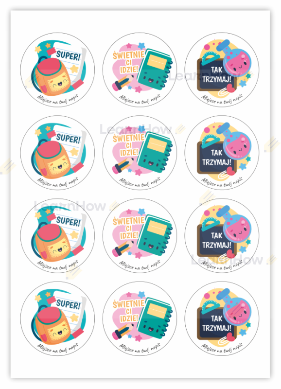 Arkusz naklejek 60 mm - Naklejki motywacyjne z przyborami szkolnymi.png