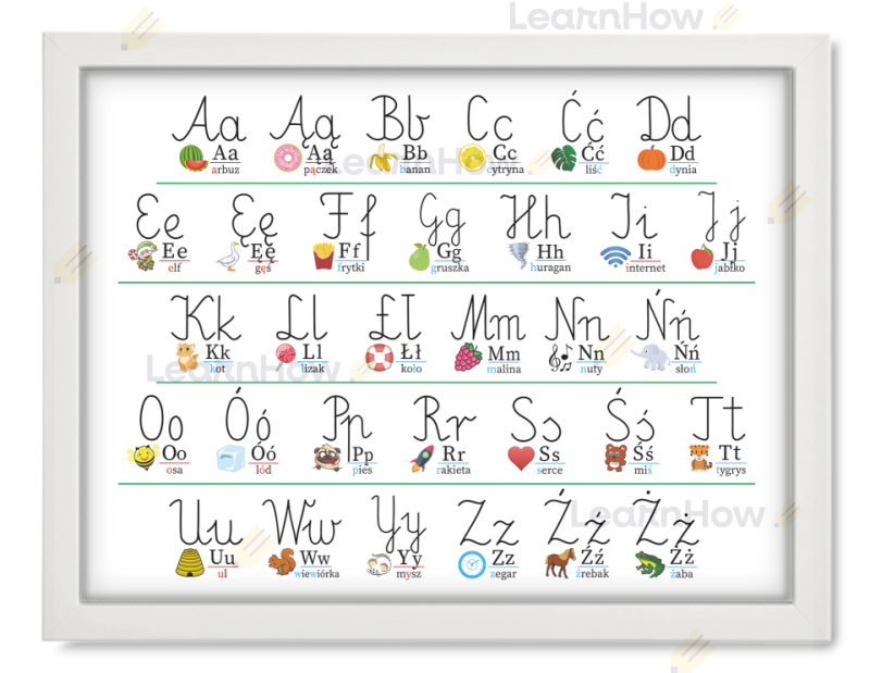 Plakata Alfabet poziomy - Plakat edukacyjny dla dzieci w ramce - biała ramka.png