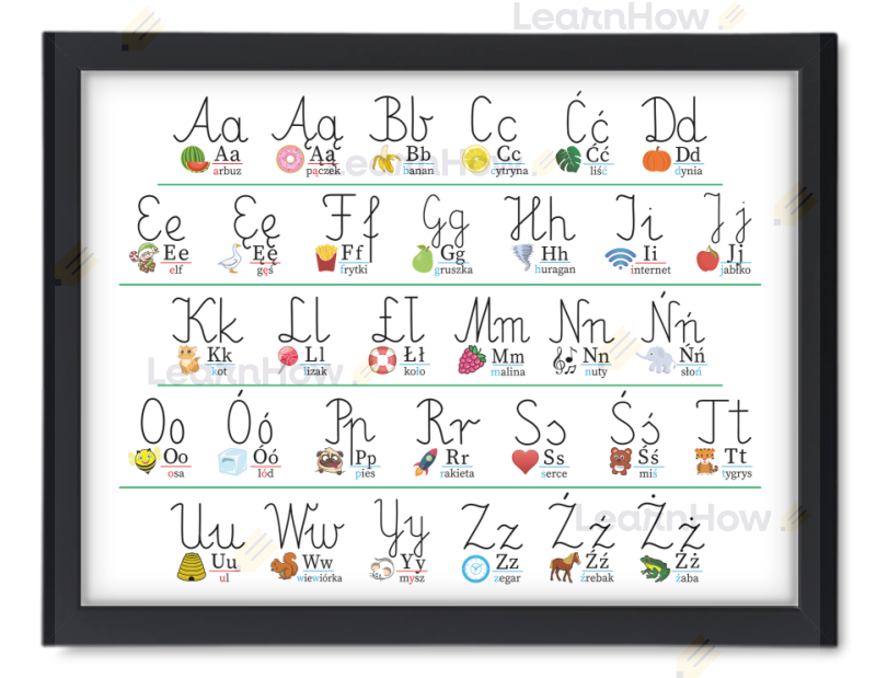 Plakata Alfabet poziomy - Plakat edukacyjny dla dzieci w ramce - czarna ramka.png