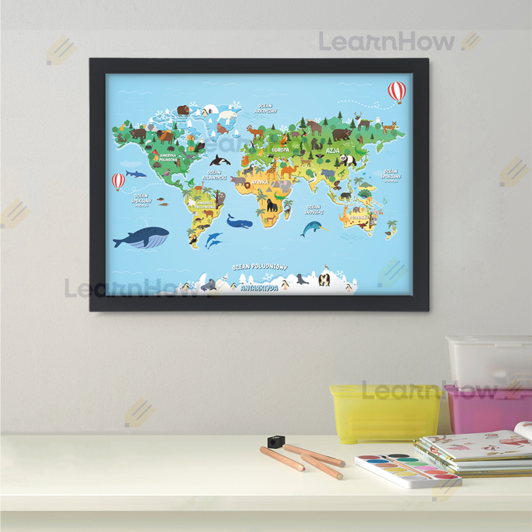 Mapa zwierząt dla dzieci - zwierzaki świata - atlas - Plakat w ramce dla dzieci.png