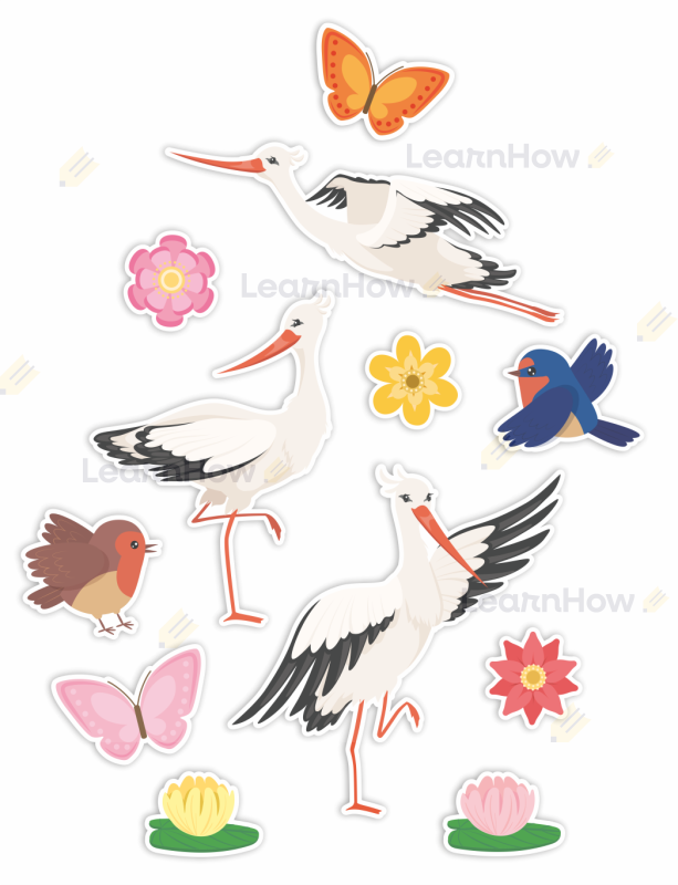 Kompozycja wiosenna dekoracja, bociany, jaskólki, rudzik, motylki, kwiatki, duża dekoracja dwustronna.png