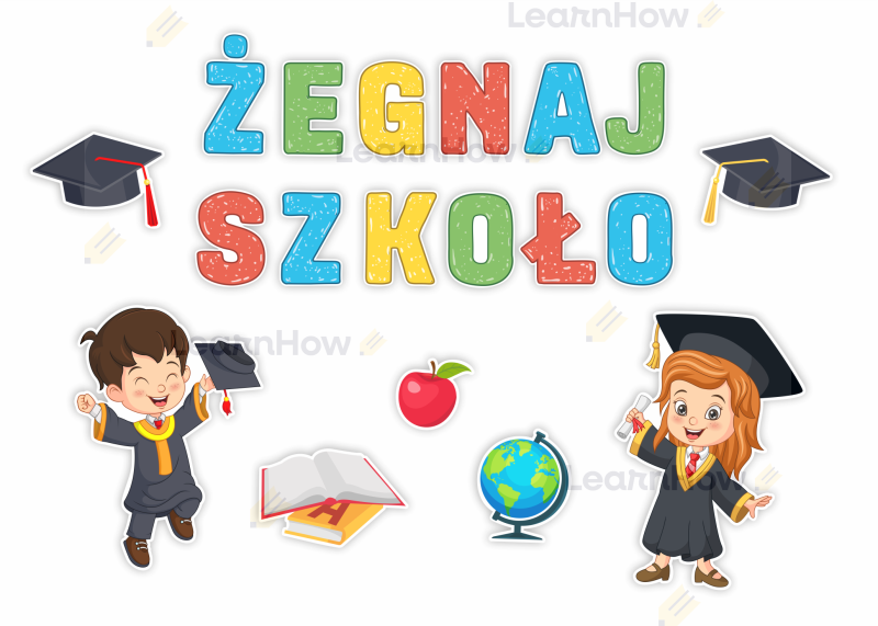 Żegnaj szkoło - dekoracja szkolna - dekoracja jednostronan - birety - dzieci w biretach.png