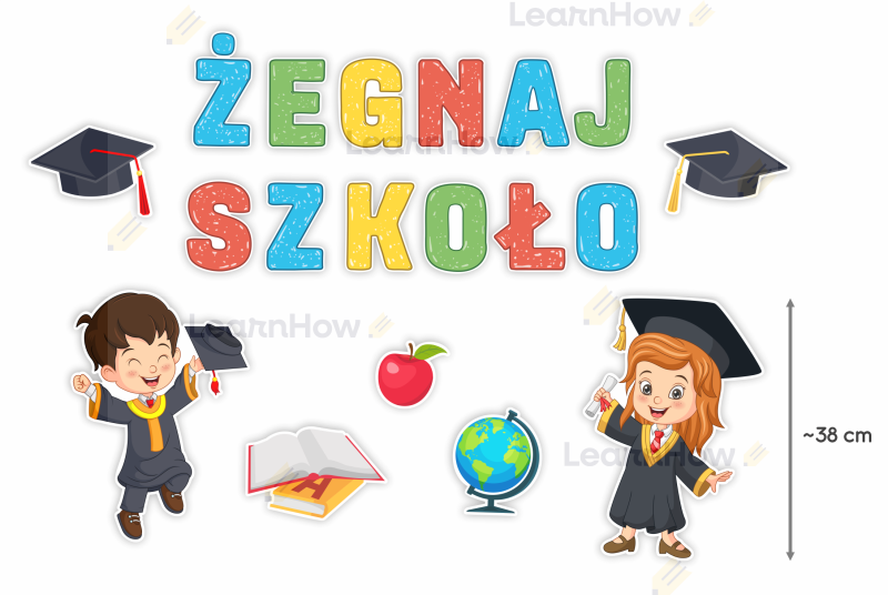 Żegnaj szkoło - duża dekoracja szkolna - dekoracja jednostronan - birety - dzieci w biretach.png