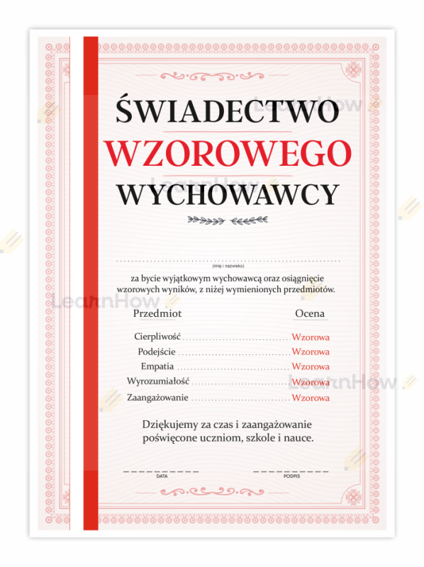 Świadectwo wzorowego Wychowawcy, wychowawczyni - certyfikat dla wychowawcy - czerwony pasek.png