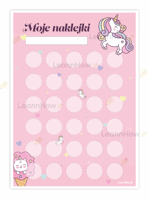 Moje naklejki, karta motywacyjna na nakljeki dla dzieci, dzienniczek na naklejki jednorożce róż.png