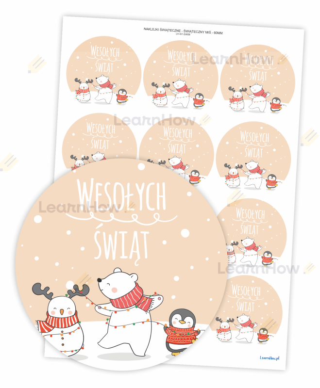 Świąteczne naklejki wesołych świat z misiem naklejki duże 60 mm.png