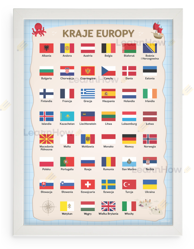 Ramka biała falgi kraje europy plakat dla dzieci - mapa z flagami.png