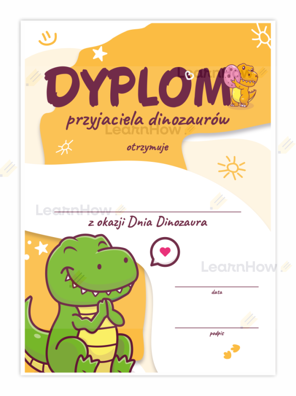 Dyplom przyjaciela dinozaurów - dzień dinozaura w w szkole przedszkolu dyplomy dla dzieci.png