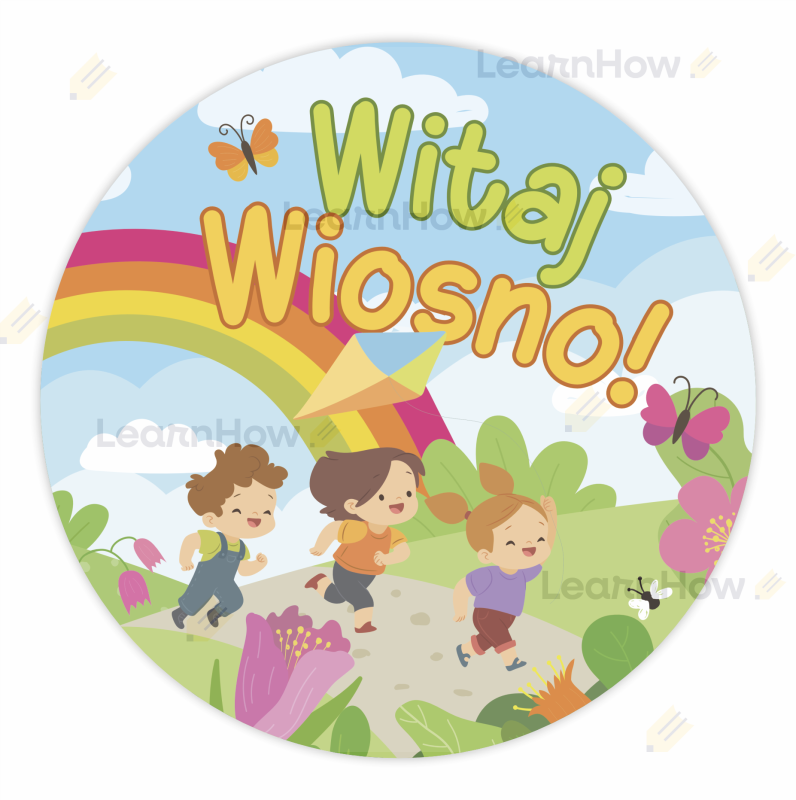 Przywitanie wiosny, duże naklejki witaj wiosno - dzieci, latawiec, tęcza - dekoracyjne naklejki wiosna.png