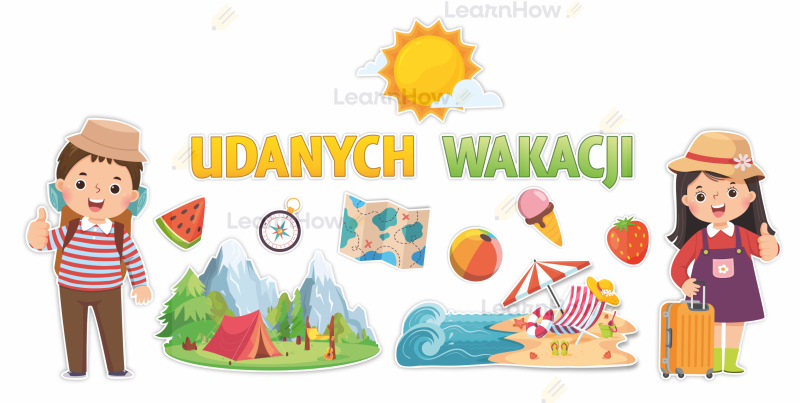 Udanych wakacji, koniec roku szkolnego kolorowa duża dekoracja na koniec roku szkolnego.png