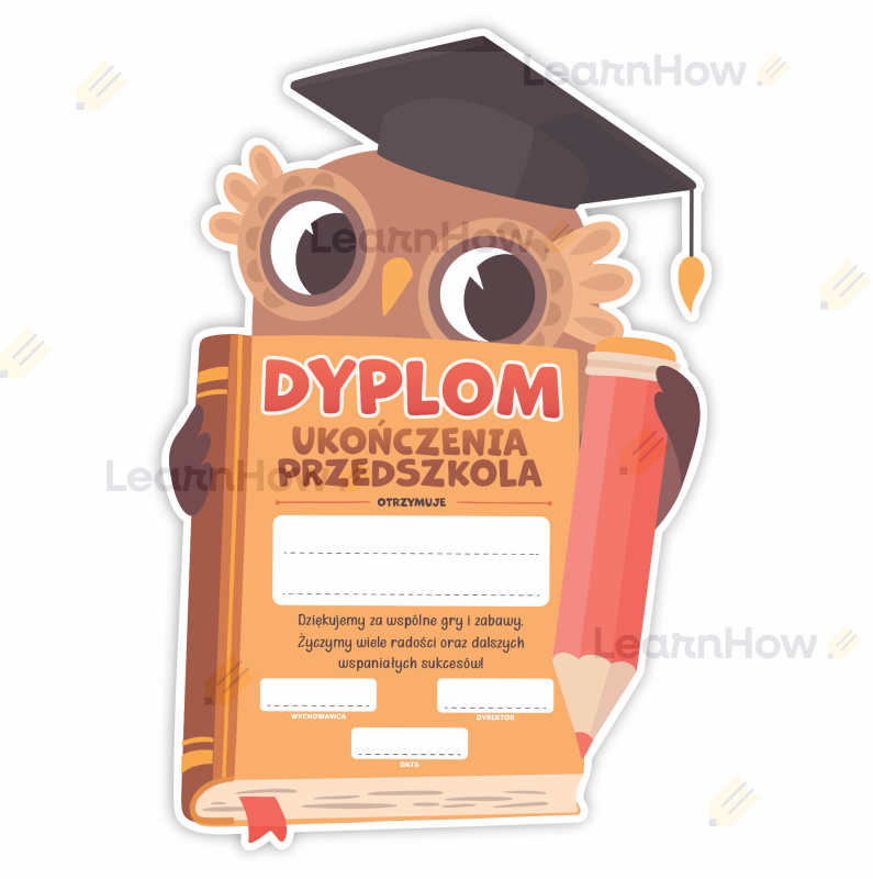 Dyplom kształt sowy - dyplom ukończenia przedszkola - Sowa i książka.png