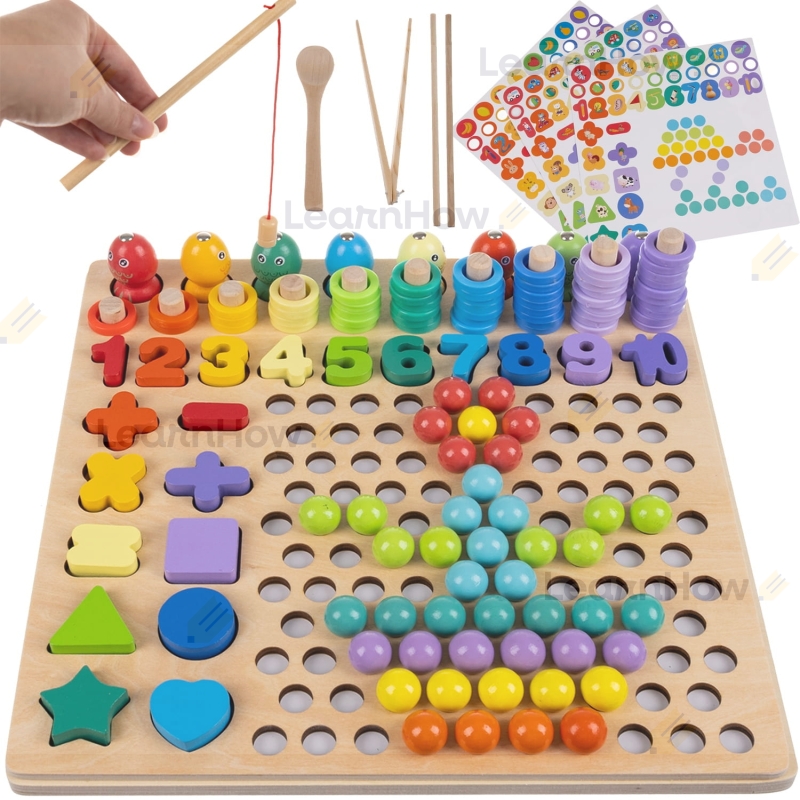 Drewniana zabawka dla dzieci mozaika mega zestaw, cyferki drewniane kółeczka rybki do układania łowienia.jpg