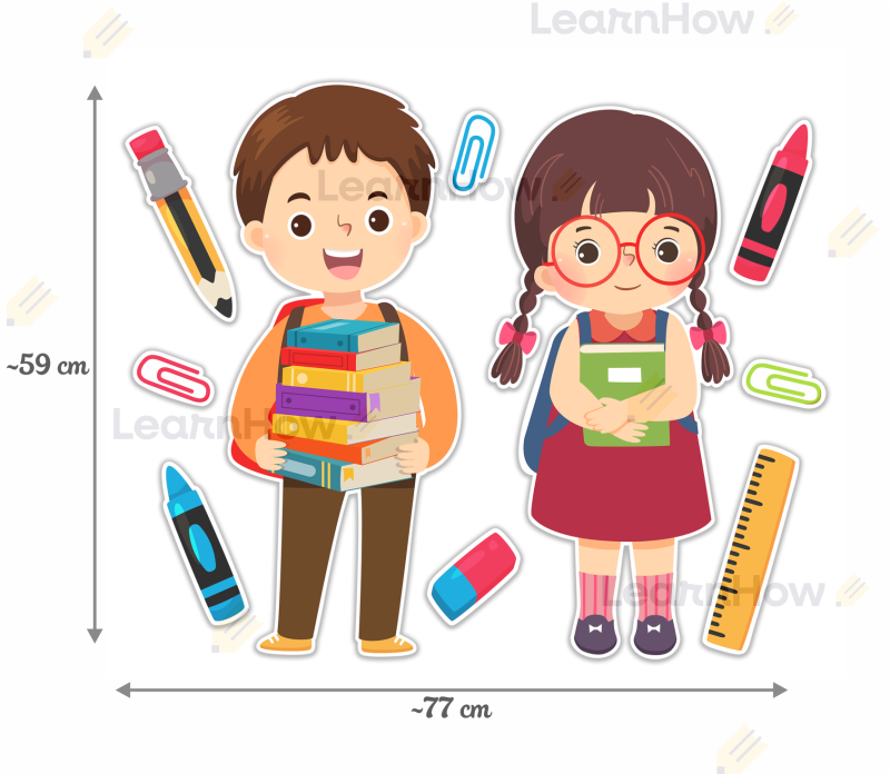 Dekoracja XL szkolna - rozpoczęcie roku szkolnego duże dzieci - dzieci w plecakach przybory szkolne.png