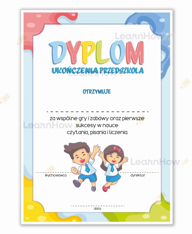 Dyplom ukończenia przedszkola kolorowe kleksy niebieski, dyplomy szkolne a4