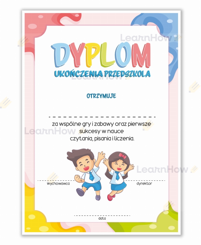 Dyplom ukończenia przedszkola kolorowe kleksy różowy, dyplomy szkolne a4