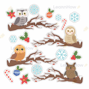 OZDOBY OKIENNE ZIMA -  SOWY NA GAŁĘZI ~A3 (dwustronne)