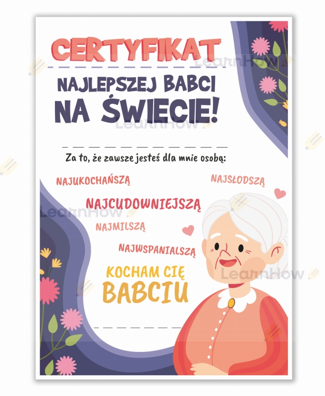 Certyfikat dyplom na dzień babci prezent dla babci