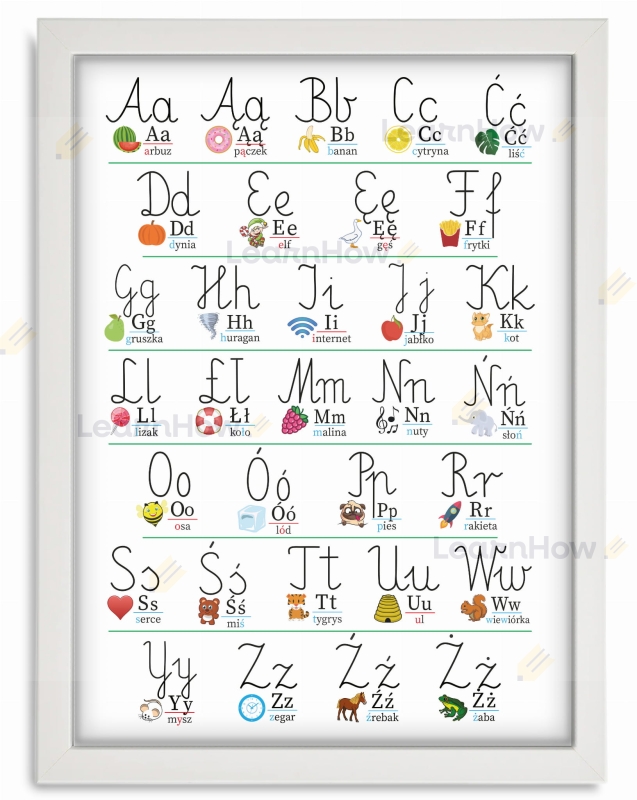 Alfabet plakat w drewnianej ramce, nauka alfabetu, plakat a3 dla dzieci