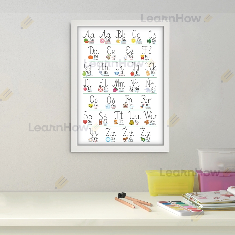 Alfabet plakat w drewnianej ramce, nauka alfabetu, plakat a3 dla dzieci