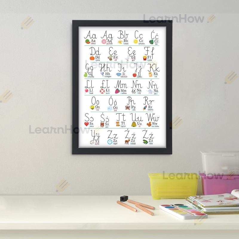 Alfabet plakat w drewnianej ramce, nauka alfabetu, plakat a3 dla dzieci