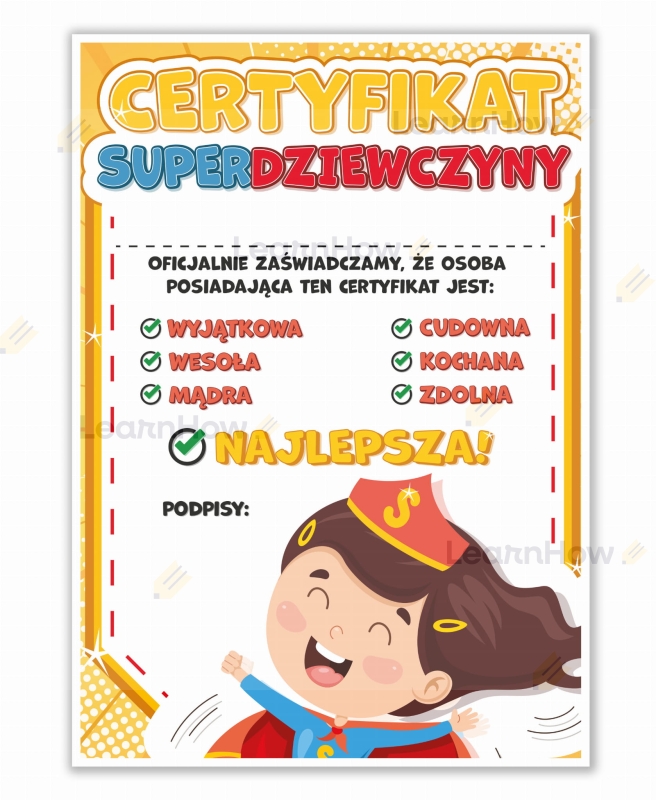 Dyplom najlepszej dziewczyny, dzień kobiet 8 marca, certyfikat super dziewczyny