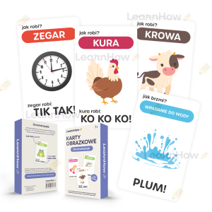 KARTY OBRAZKOWE ONOMATOPEJE - JAK BRZMI? JAK ROBI? (zestaw 45 kart)