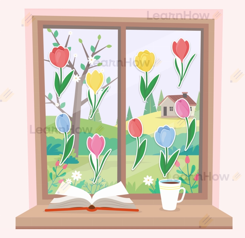 Dekoracje okienne wiosenne, dekoracje do szkoły wiosna tulipany