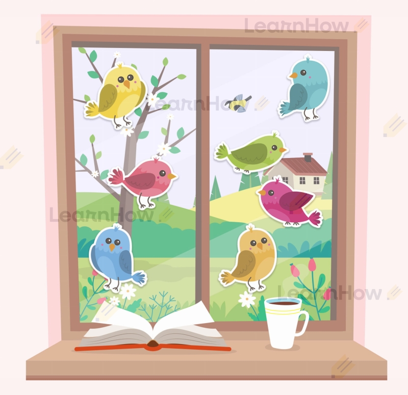 Dekoracje na okna, wiosna, szkolne ozdoby ptaszki okno