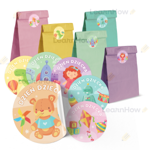 TOREBKI PREZENTOWE - DZIEŃ DZIECKA - PASTELOWE (5 torebek + 6 naklejek)
