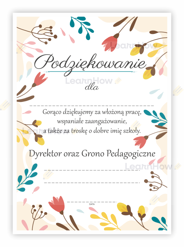 Dyplom podziękowania od dyrekcji i grona pedagogicznego kwiaty.png