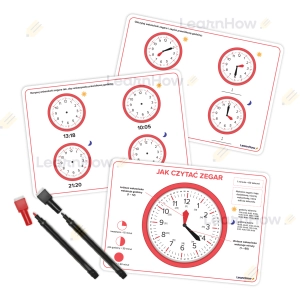 PLANSZE EDUKACYJNE - KARTY PRACY - NAUKA ZEGARA (3 karty dwustronne + 2 pisaki)