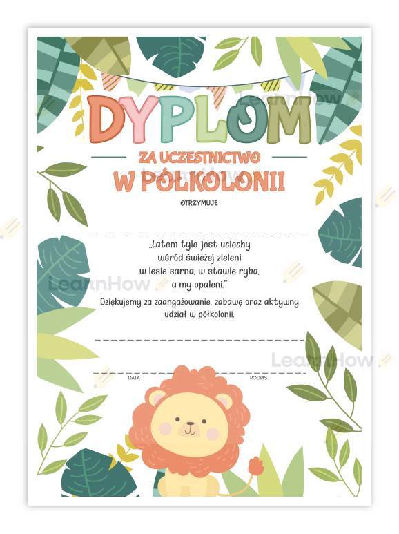 Dyplom za uczestnictwo w półkolonii dla dzieci, dyplom obozowy dla dzieci.png