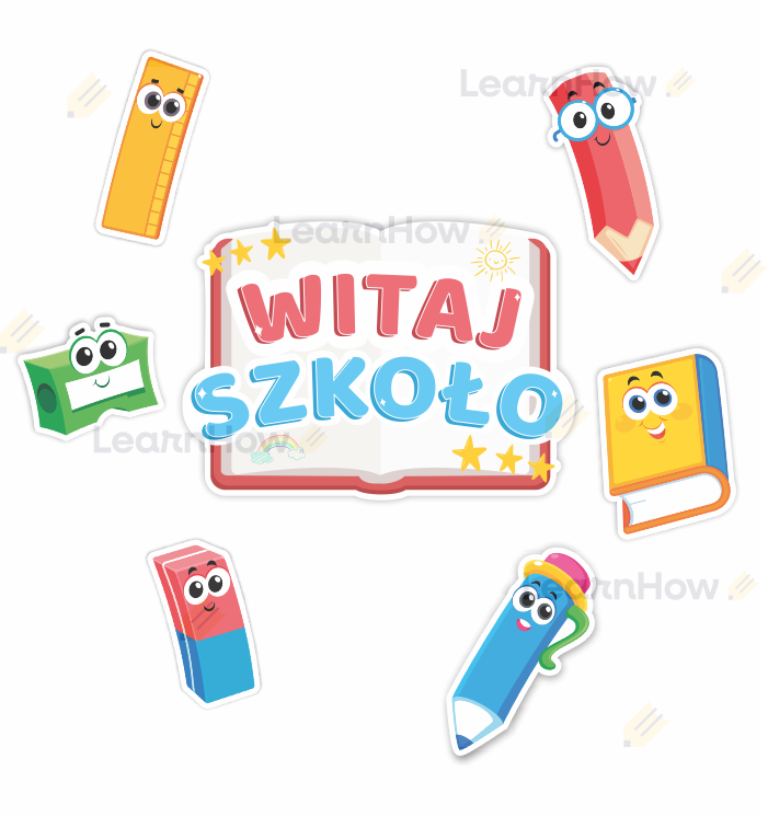 Witaj szkoło dwustronna dekoracja na okno, do szkoły dla dzieci, przybory szkolne.png