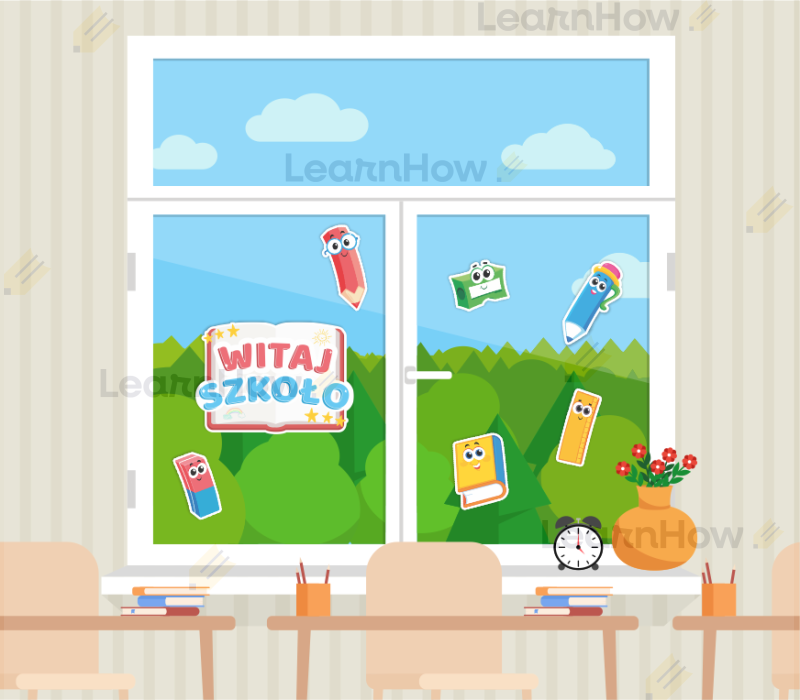 Dekoracja szkolna, rozpoczęcie roku szkolnego, witaj szkoło i przybory.png