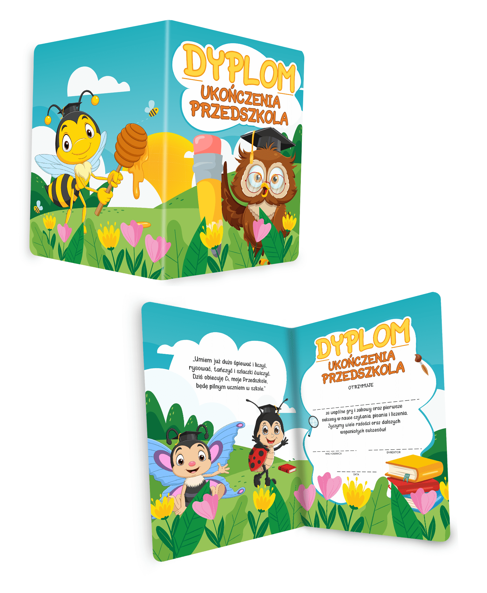 Dyplom ukończenia przedszkola, dyplomy szkolne, dyplom składany, dwustronny