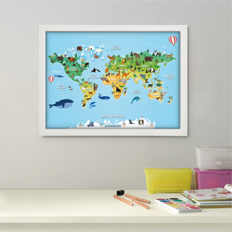 Plakat edukacyjne mapa świata, mapa zwierząt świata, mapa zwierząt, atlas zwierząt dla dzieci, plakat dla dzieci